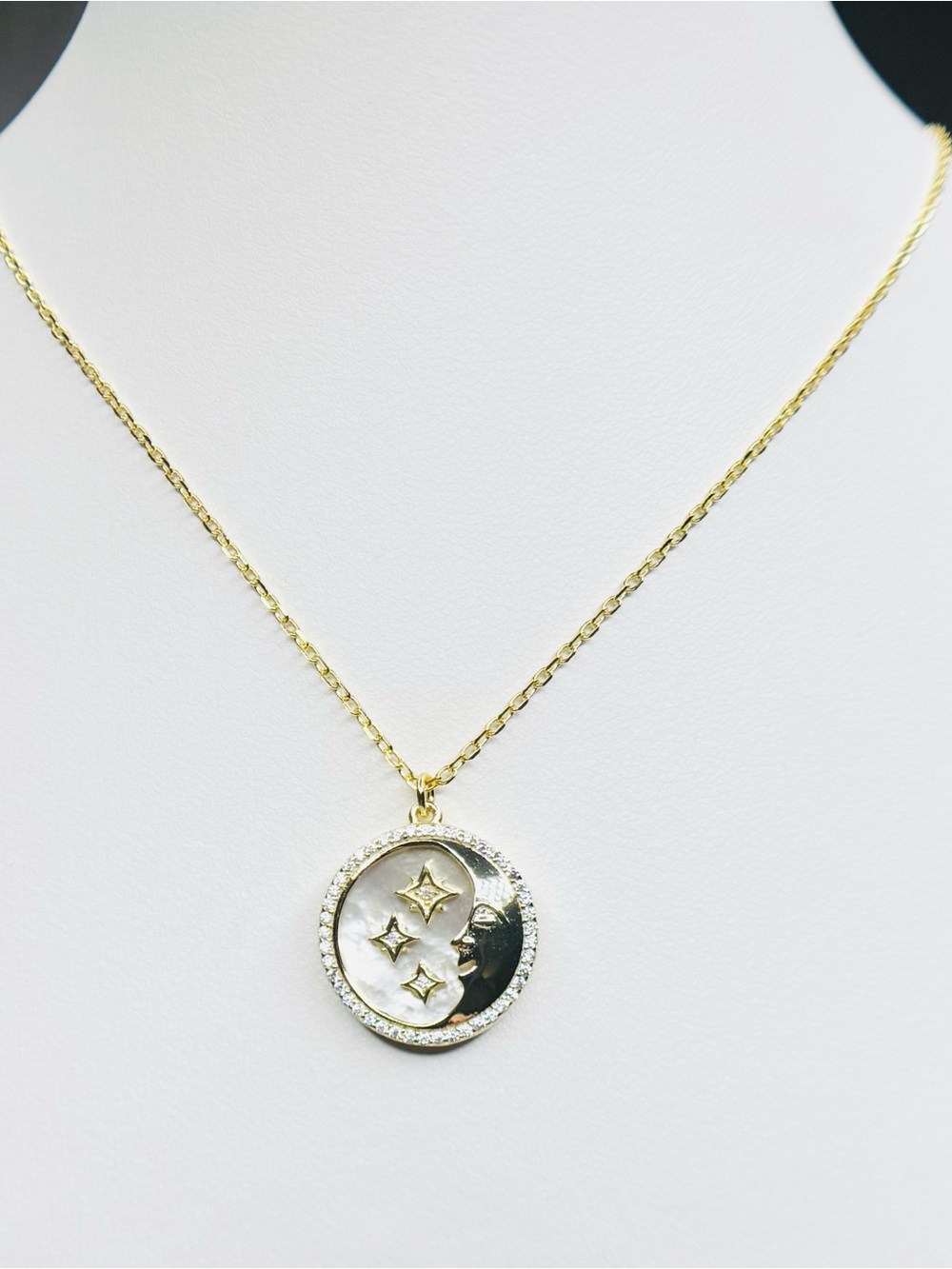 18K Gold Moon & Stars Pendant Necklace and Earrings Set (See video)